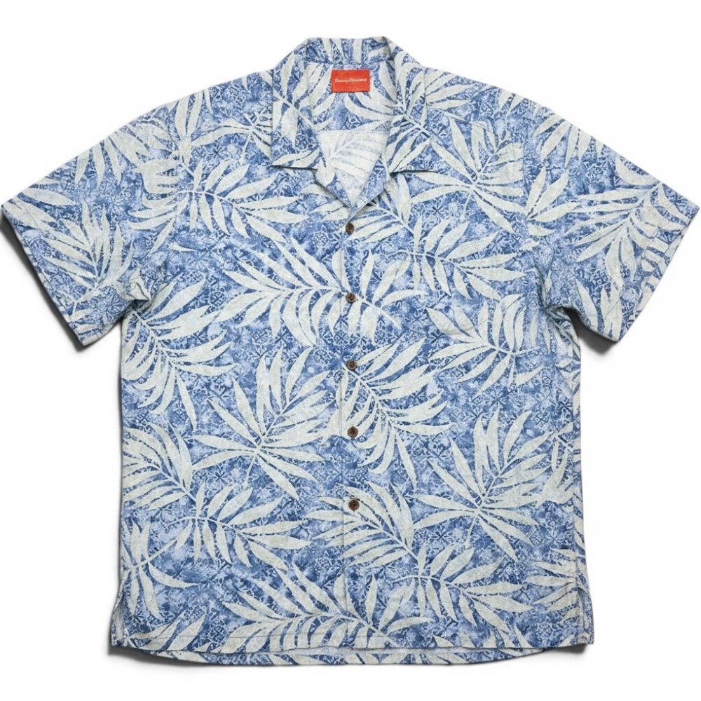 Tommy Bahama Silk Palm Leaf Camp Shirt Mens XL Blue Tropical Button Up RN 86549